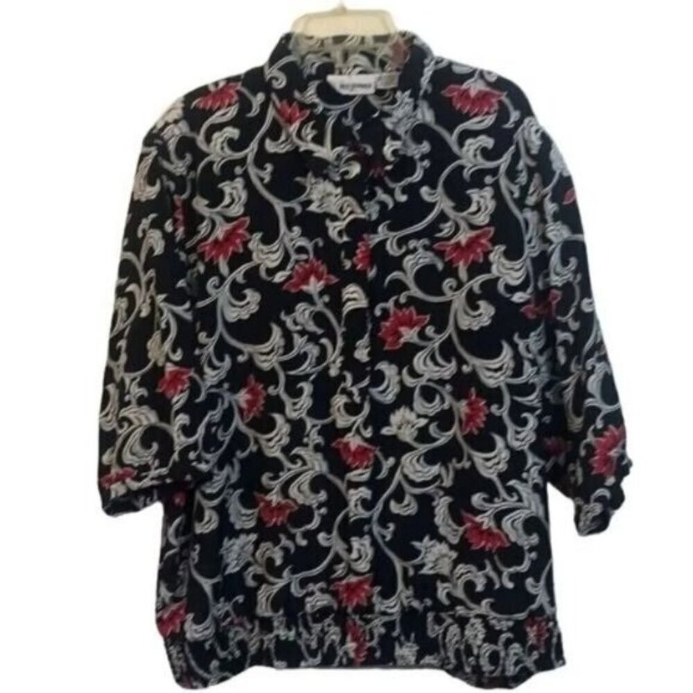 Vintage 90s Fred‎ David Ornate Baroque Scroll Red Floral Button Down Blouse